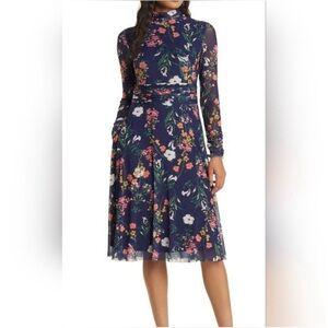 Eliza J Navy Floral Mesh High-Neck Long-Sleeve Midi Dress size 6